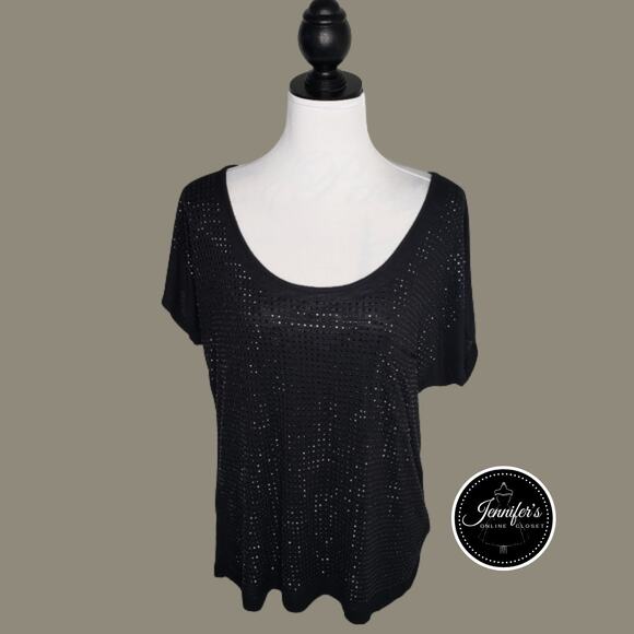 One World Women's Black Scoop Neck Sequin Top Size M - Picture 1 of 5